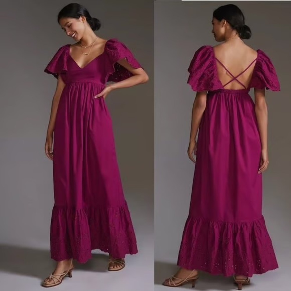 En Saison Magenta Eyelet Maxi Dress with Puff Sleeves